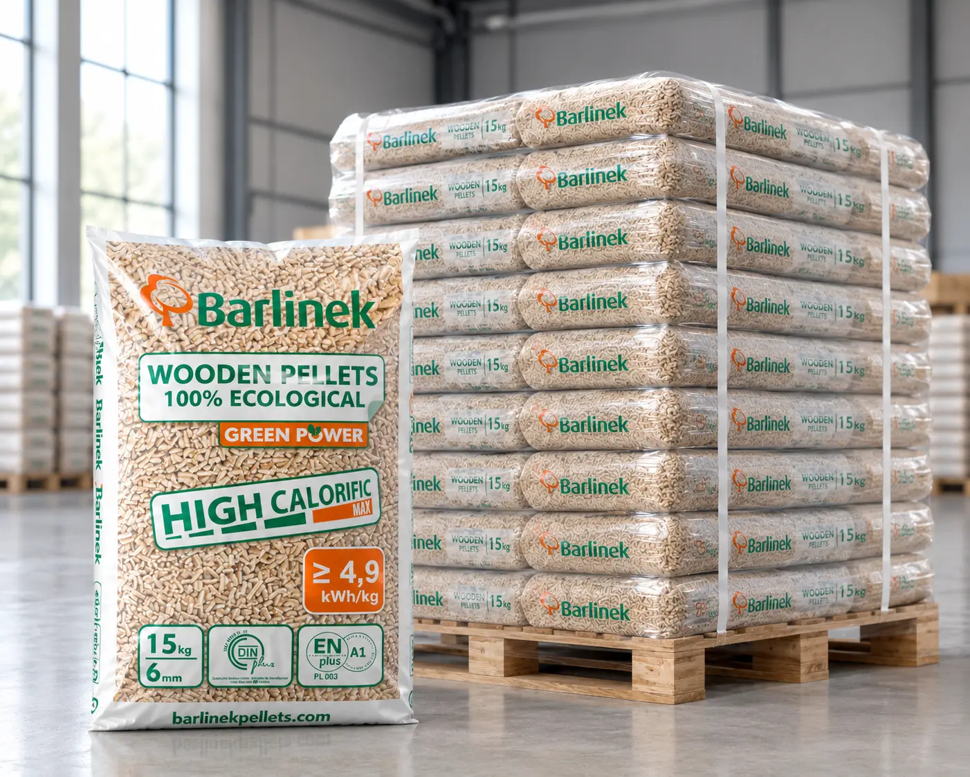 new barlinke Pellet drzewny Barlinek ENplus A1 6mm paleta 975kg (65 worków po 15kg) - obrazek 1